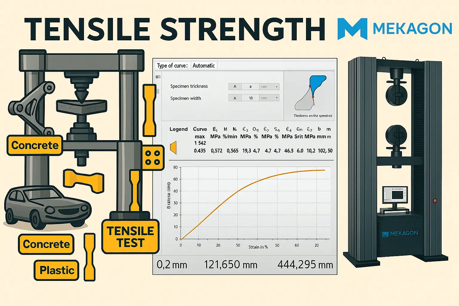 Mekagon Teknoloji statik test sistemi özellikleri: otomatik eğri tipi seçimi, numune kalınlığı/genişliği ayarları, gerilme‑şekil değiştirme eğrisi ve kapasiteli test makinası.